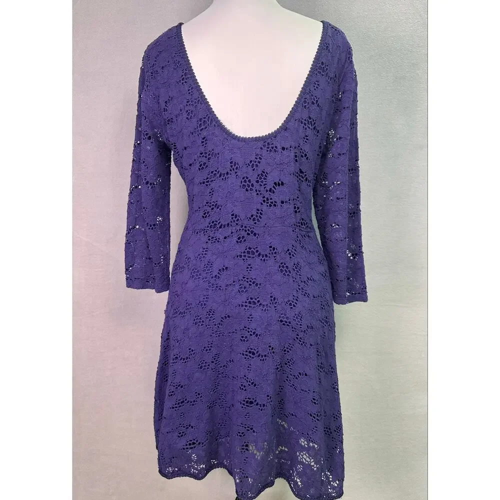 Free People Dark Purple Lace Skater Mini Dress 3/4 Sleeve Size Medium